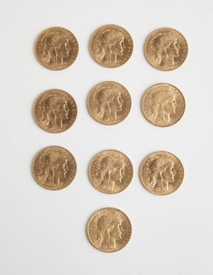 7 Lot de 10 pièces de 20 Francs coq, (9 x 1911- 1 x 1906), 6…