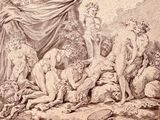 drawing of a group of naked men and women in a rocky landscape
