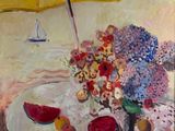 une peinture représentant des fleurs et des fruits sur une assiette, avec un parapluie