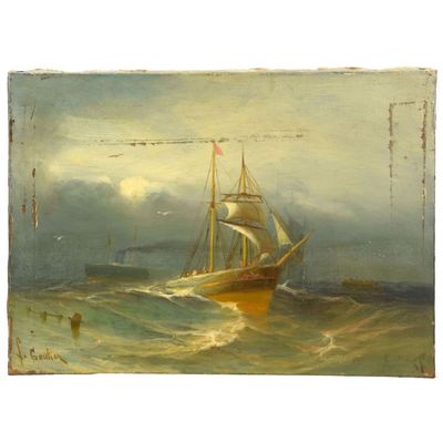 an old painting of a ship in the ocean with a flag on it