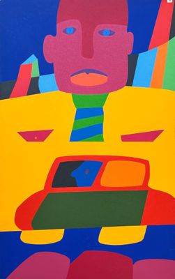 a painting of a man with a tie and a car in front of him