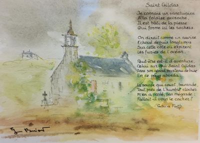 tableau représentant une église sur lequel figure un poème écrit en espagnol