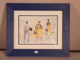 a picture of a painting of three people walking on the beach