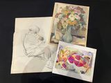 three drawings of a woman sitting in front of a vase of flowers
