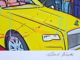 painting of a yellow car with red paint splattered on it