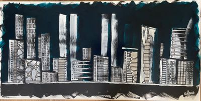 dessin représentant un paysage urbain en noir et blanc sur une feuille de papier