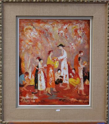 a painting of a group of people standing in front of a painting