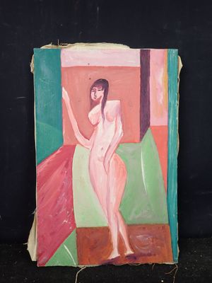 un tableau représentant une femme debout devant une fenêtre