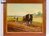 un tableau représentant deux chevaux tirant une charrue