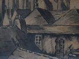 a drawing of a building with a clock tower in the background