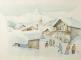 une photo d'un tableau représentant un village sous la neige