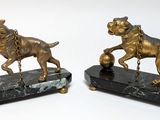 pair of antique bronze dog figurines on marble bases