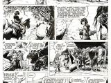 une page d'une bande dessinée avec, en arrière-plan, un homme à cheval