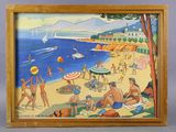 painting of a beach scene with people on the sand and a sailboat in the water