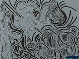 a black and white drawing of a man on a horse