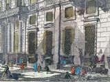 a drawing of a street scene with a horse and carriage