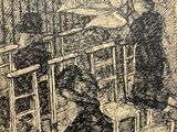drawing of two men sitting at a table in a cafe