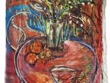 une peinture représentant un vase avec des fleurs sur une table