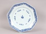 blue and white plate with a design of birds and flowers