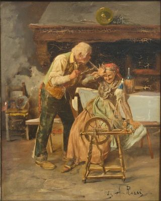 tableau représentant un homme faisant tourner les cheveux d'une femme devant une cheminée