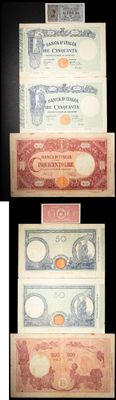 four different types of currency are displayed on a black and white background