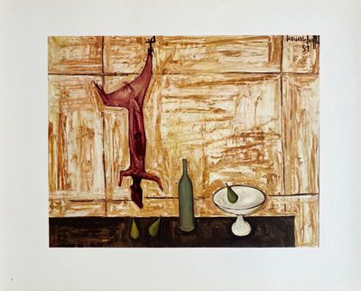 a picture of a painting of a man hanging from a clothes line