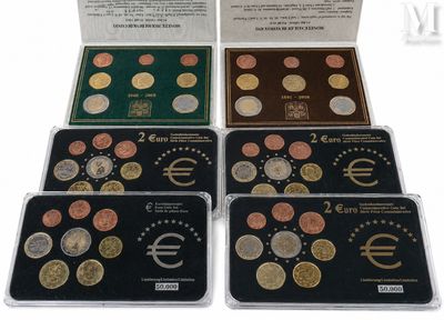 six different euro coins in a display case with a price tag