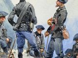 painting of a group of men in uniform standing on top of a mountain