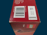 a red box with a white barcode on it