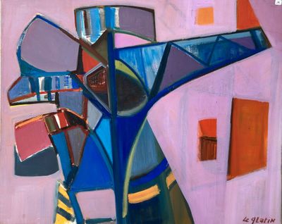 peinture abstraite représentant un vase bleu et rouge avec un bâtiment en arrière-plan