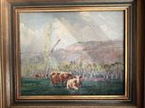 an oil painting of a cow and her calf in a field