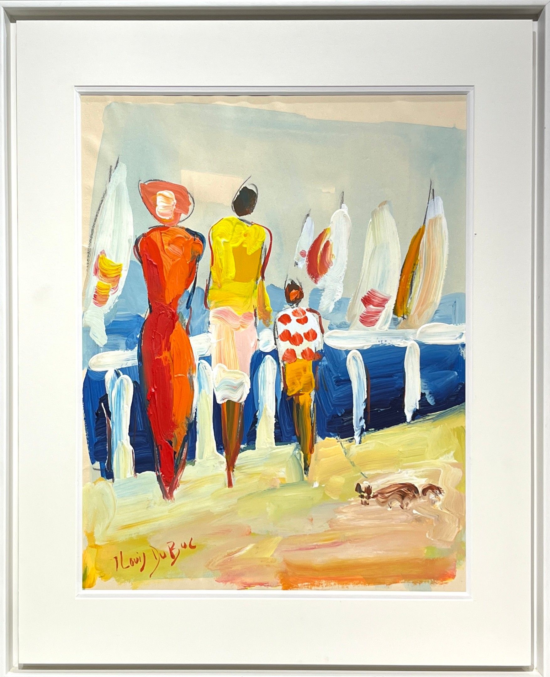 Jean-Louis DUBUC (né en 1946). Promenade en bord de mer. Technique lixte sur papier canson. 62 x 48 cm (à vue). Caiss...