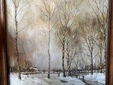 tableau représentant un paysage enneigé avec des arbres et un ruisseau au premier plan