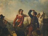 une image représentant un tableau où l'on voit un homme accompagnant une femme à travers un champ