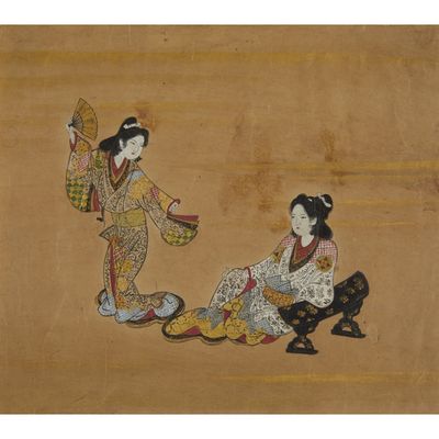 painting of two women sitting on a bench, one holding a fan