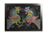 une image représentant un tableau sur lequel figurent deux oiseaux sur fond noir