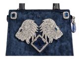 a close up of a blue purse with wings on it