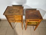 two wooden tables that are next to each other on a tiled floor