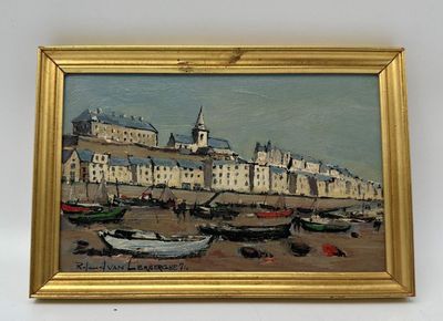 une image d'une peinture de bateaux dans un port