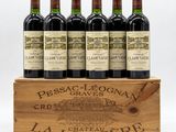 six bottles of red wine in a wooden crate