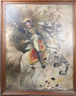 tableau représentant un homme à cheval, avec un chien en arrière-plan