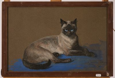 a painting of a siamese cat sitting on a blue blanket