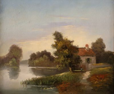 an oil painting of a house by a river with a boat in the water