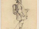 an old drawing of a man with a hat and a backpack