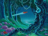 une image représentant un tableau où l'on voit un homme marchant dans une forêt