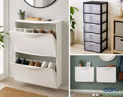 quatre photos différentes d'un meuble à chaussures et d'un miroir