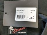the label on the back of a black jacket with a barcode on it