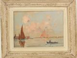 painting of sailboats in the water with a cloudy sky in the background