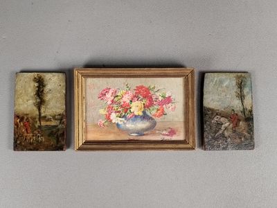 three paintings on the wall of a room with a vase of flowers