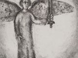 a black and white drawing of an angel holding a sword
